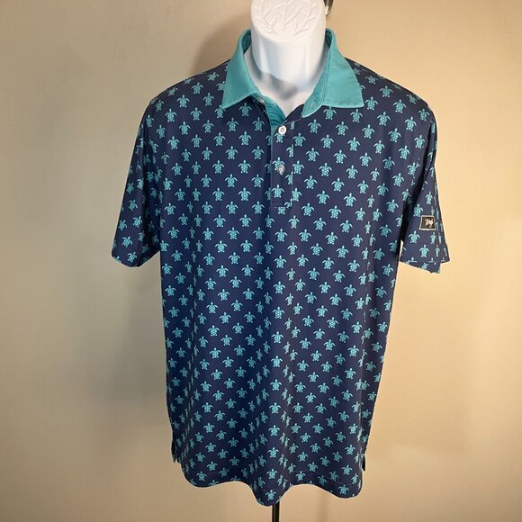 Waggle Men's blue w/ teal turtles all over performance golf polo shirt Large L - Picture 2 of 5